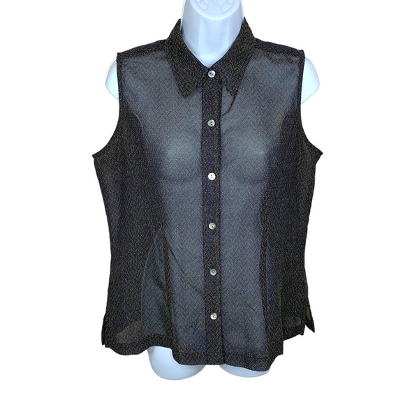 Vintage Emma James Black Beige Semi Sheer Blouse Sleeveless Button Down Size 10 - Picture 1 of 9